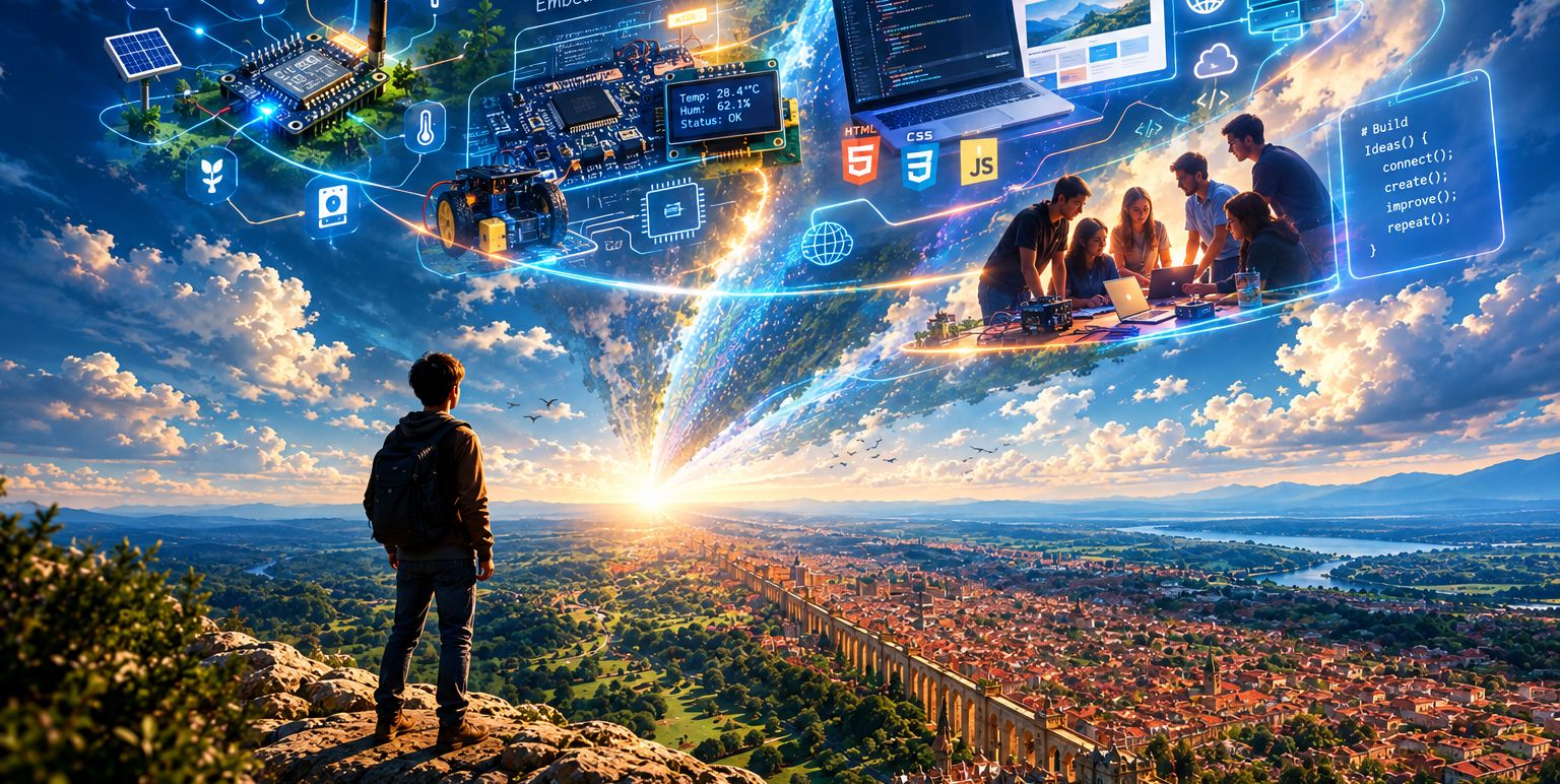 Floating scenes of connected IoT devices, embedded circuit boards and a team building a website above a sunlit landscape.