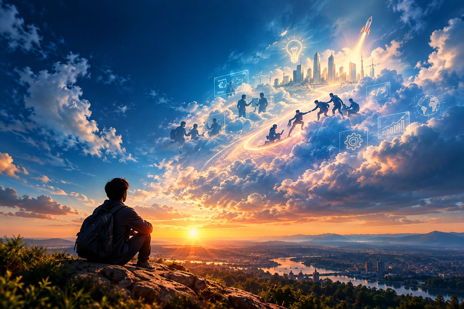 A student sits on a hilltop at sunset, looking at a path of ideas, teamwork and technology rising through the clouds toward a city.