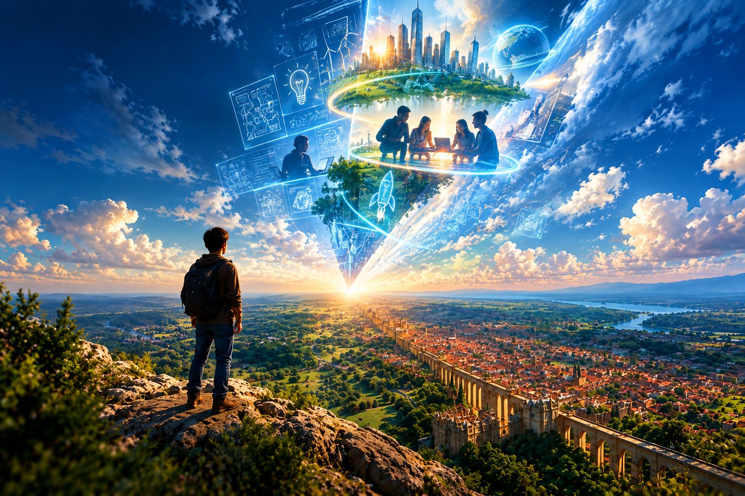 A student on a cliff watches a team gathered around sketches and laptops on a floating island, with a launching rocket and city skyline above.